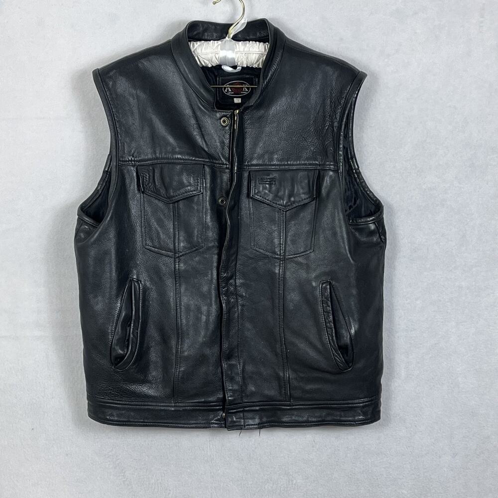 AK Adnan Men's Large Leather Motorcycle Vest Stretch Adjustable Black